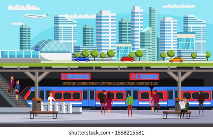 City with subway station flat vector illustration. Underground platform, airport and roadway. Urban panorama with high skyscrapers and multi-storey buildings. Business center. Transport mobility