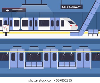 City subway station platform and underground train. Vector concept illustration. Infographic elements.