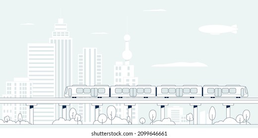 City subway. Train on bridge, metro landscape scene. Urban railway road outline, modern flat transportation and infrastructure recent vector concept