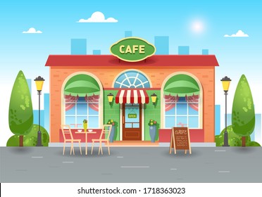 City summer cafe. Bright coffee shop in the city with a table. Vector flat illustration