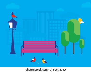 City summer park with green trees bench, walkway and lantern. Town and city park landscape nature