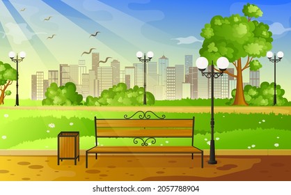 City summer park with green trees bench, walkway and lantern. Bench with tree and lantern in the Park.