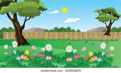 City summer park with green trees bench, walkway and lantern. Town and city park landscape nature. Cartoon vector illustration