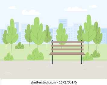 City summer spring park panorama with green trees, bench, walkway, path, city silhouette,. Town and city park landscape nature. Cartoon flat vector illustration.