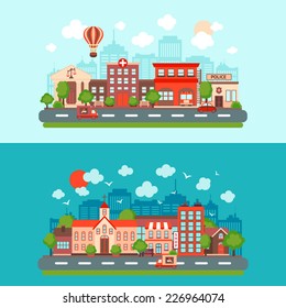 City summer street urban town scape abstract set light and dark background isolated vector illustration