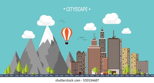 City in summer. Urban landscape with mountains. Town. Mountain peak,snow. House in village. Weather.