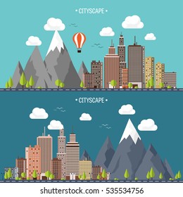 City in summer. Urban landscape with mountains. Town. Mountain peak,snow. House in village. Weather.
