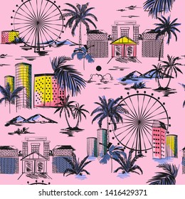 City in summer vibes seamless pattern. Vector vacation illustration  architecture,building,wheels,palm tree,mountain ,design for fashion fabric,web,wallpaper,and all prints on light pink