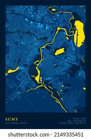 City Sumy Ukraine Vector Poster Sehr detaillierte Karte in patriotischen National Yellow Flag Farben. Die Kartographie des City Transport Systems umfasst die Gruppenkartographie mit Gebäudeflächen und Wasserobjekten