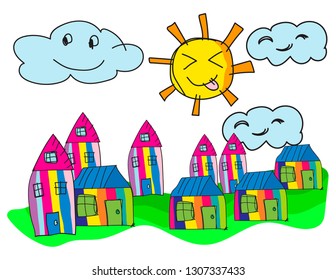 City with sun cartoons , Flat color and doodle hand drawn style