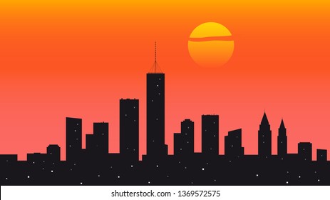 City sundown panorama flat vector illustration. Buildings, skyscrapers silhouette. Greeting card, banner background with copyspace. Urban Scenery, downtown landscape. Evening cityscape