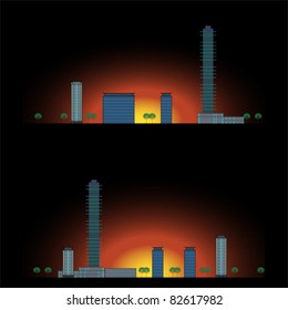 City sundown. Urban section. Architectural drawing, vector