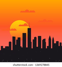 City sunrise, urban view flat vector illustration. Morning scenery with skyscrapers silhouette. Metropolis landscape, downtown at dawn, twilight cityscape. Postcard, greeting card background