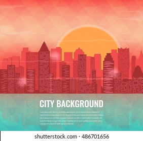 City at sunset background. Urban landscape. Vector illustration