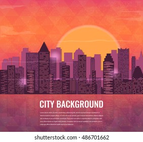 City at sunset background. Urban landscape. Vector illustration
