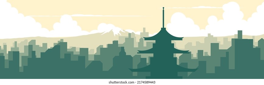 city ​​skyline at sunset of Japan. Japan's landmark, Mount Fuji.