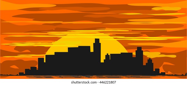 City at sunset. City at night. 