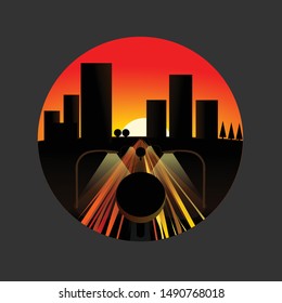 city sunset with sky building and crowded traffic