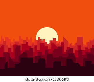 City sunset skyline urban landscape. Cityscape silhouette in flat style