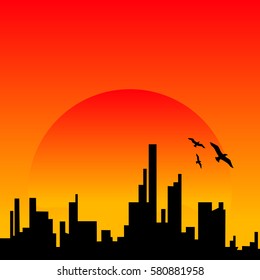 City sunset skyline urban landscape. Cityscape silhouette in flat style