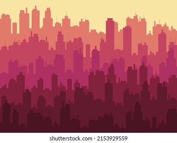 City at sunset. Summer heat in the city. The outlines of the construction of skyscrapers and city streets. City skyline for print, posters and promotional materials. Vector illustration