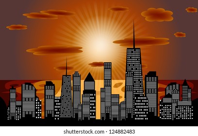 City in the sunset. Vector illustration. EPS 10.