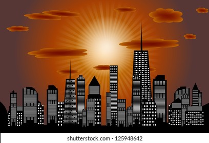 City in the sunset. Vector illustration. EPS 10.