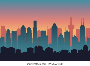 City at sunset vector illustration. Silhouette of buildings in dark colors, flat style. Urban abstract background.