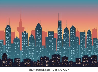 Ciudad al atardecer Ilustración vectorial. Silueta de edificios con luz en ventanas en colores oscuros, estilo plano. Urbana fondo abstracto. 