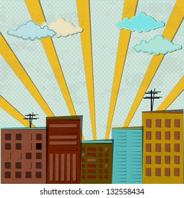 City and sunshine. Paper art. Retro style background