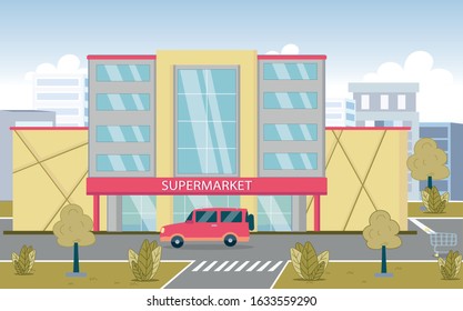 City Supermarket Building on Road Sideway against Cityscape Silhouettes. Car Parked front of Entrance. Shopping Mall on Roadside. Modern Metropolis Construction. Vector Urban Landscape Illustration