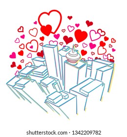 City surrounded by a cloud of hearts