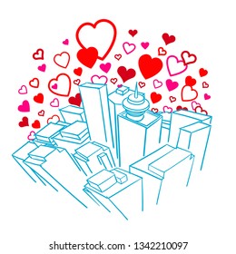 City surrounded by a cloud of hearts