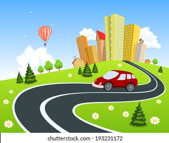 City surrounded by nature landscape with car