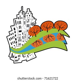City surrounded by the rivers, fields and woods