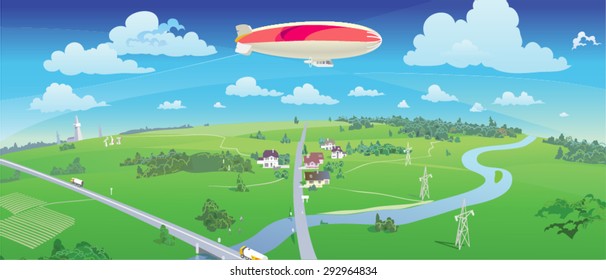 City and surroundings bird's-eye view. Airship.  Vector