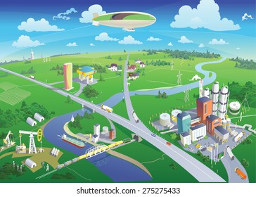 City and surroundings bird's-eye view. Vector