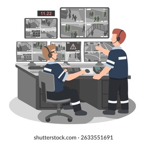City surveillance control room with two security officers monitoring multiple CCTV feeds for urban safety and crime prevention