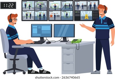 City surveillance control room with two security officers monitoring multiple CCTV feeds for urban safety and crime prevention