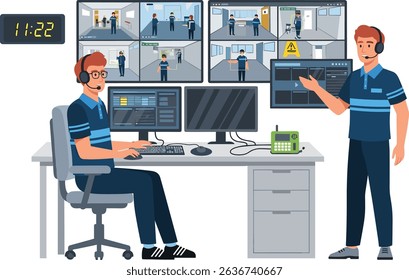 City surveillance control room with two security officers monitoring multiple CCTV feeds for urban safety and crime prevention