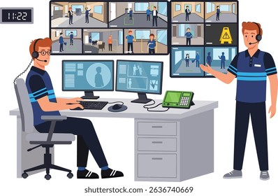 City surveillance control room with two security officers monitoring multiple CCTV feeds for urban safety and crime prevention
