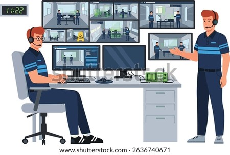 City surveillance control room with two security officers monitoring multiple CCTV feeds for urban safety and crime prevention