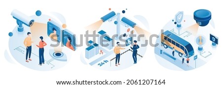 City surveillance video control with street safety cameras CCTV, flat vector isometric illustration. Public security.