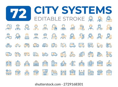 Sistema de la ciudad dos iconos de la línea de color fijados. Urbana desarrollo de infraestructuras. Vida cómoda en el pueblo. Servicios públicos bicolor esquema mega paquete aislado. Duotono delgado lineart. Trazo editable