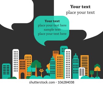 City talks, buildings and speech bubbles. Vector community concept template