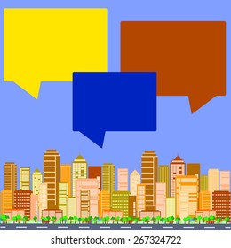 City talks, buildings and speech bubbles