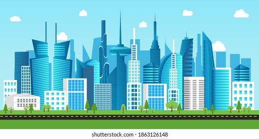 A city with tall buildings and parks with blue sky