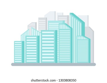 City with tall buildings and skyscrapers vector. Isolated icon of town, urban district exterior and facade of constructions. Residences of megapolis