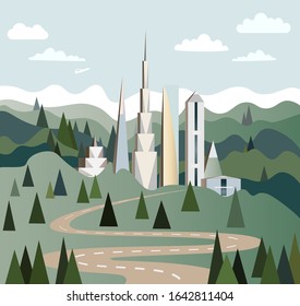 A city with tall modern buildings located in the mountains. Forest road to the metropolis. Vector illustration.
