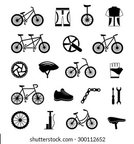 City tandem bicycles and cycling sportswear and repair tools black icons collection kit abstract isolated vector illustration